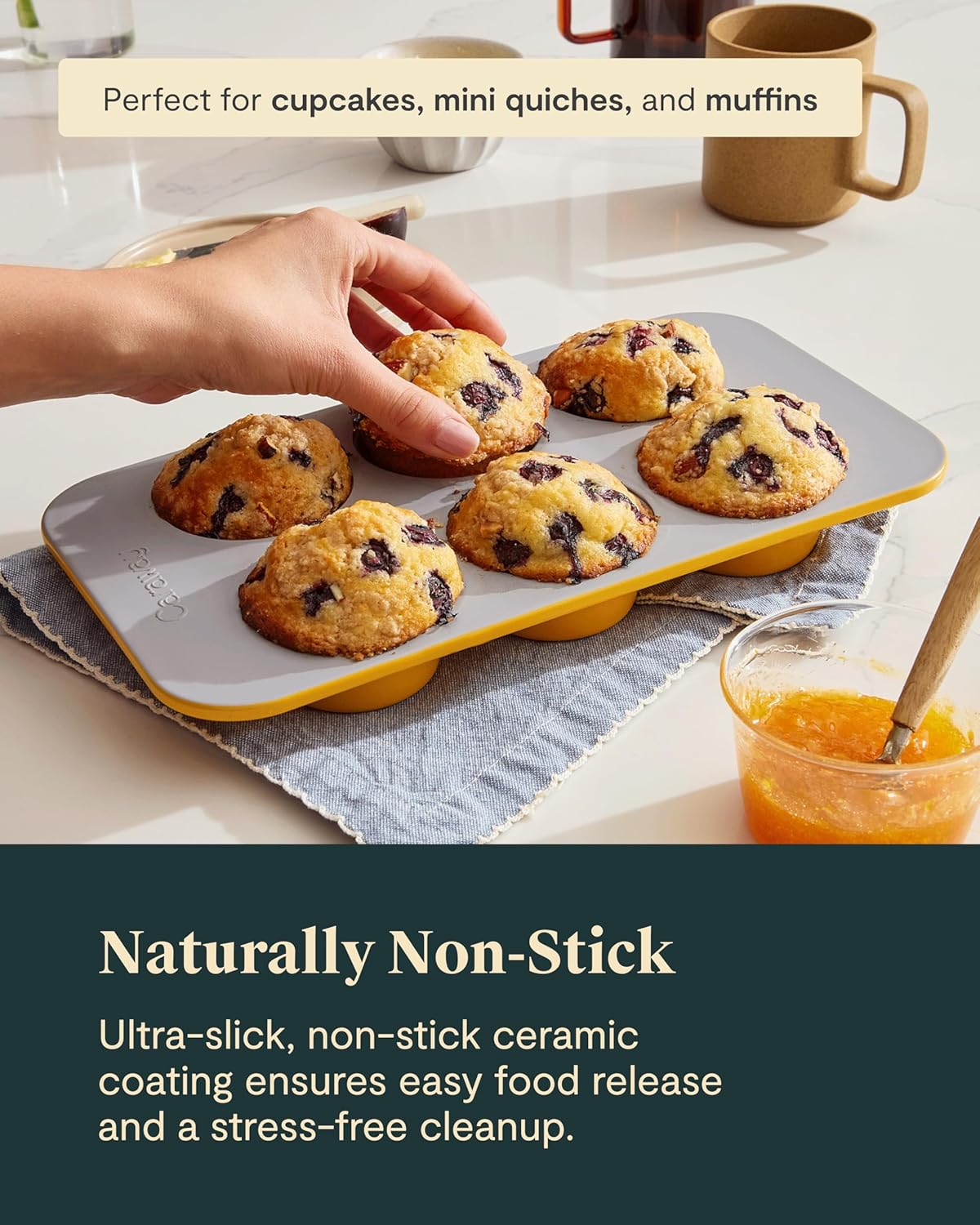 Caraway Nonstick Ceramic 6 Cup Muffin Pan Duo – Non-Toxic, PTFE & PFOA Free – Oven Safe – Aluminized Steel Core – Small Muffin Pan for Baking Cupcakes, Muffins & More - Slate
