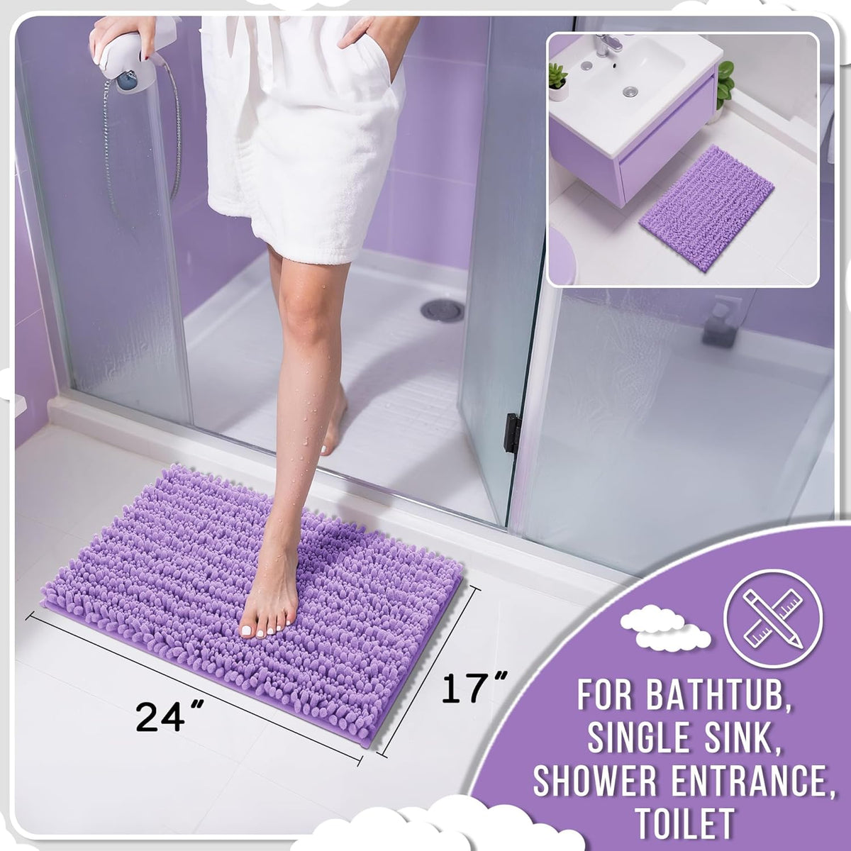 Yimobra Bathroom Rugs Non Slip Washable 24x17 Inch - Ultra Soft Absorbent Chenille Bath Mat, Quick Dry Shaggy Floor Carpet for Tub Shower, Lavender Home Decor Accessories
