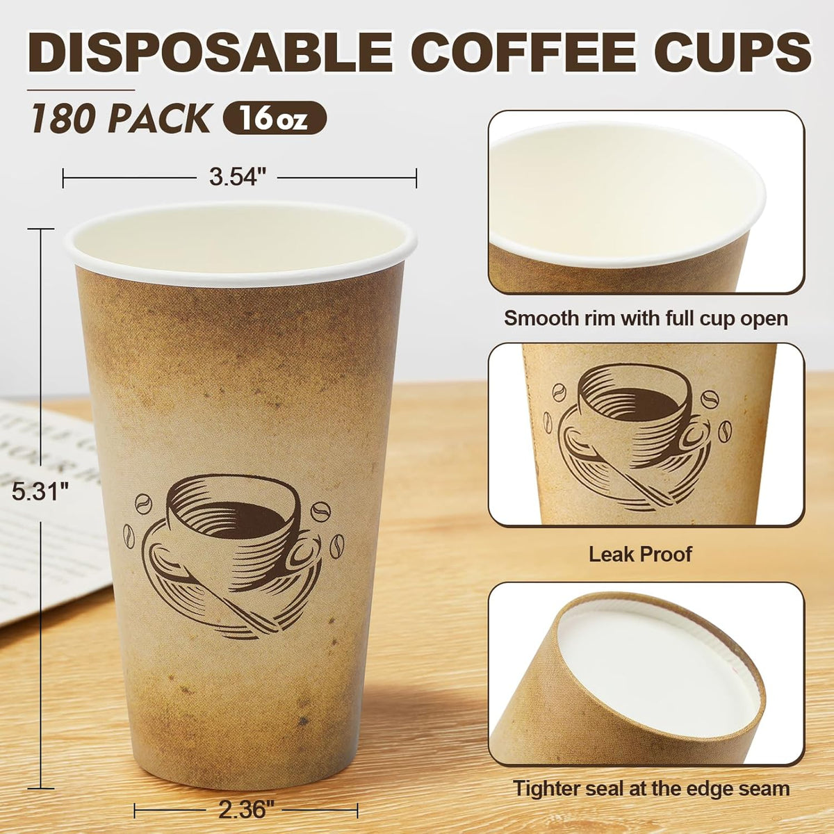 180 Pack 16 oz Disposable Paper Coffee Cups, Hot/Cold Drinking Cups, coffee, Juice, Retro Design, Leak-Proof, Party, Picnic, Events, Travel, Offices, Shops
