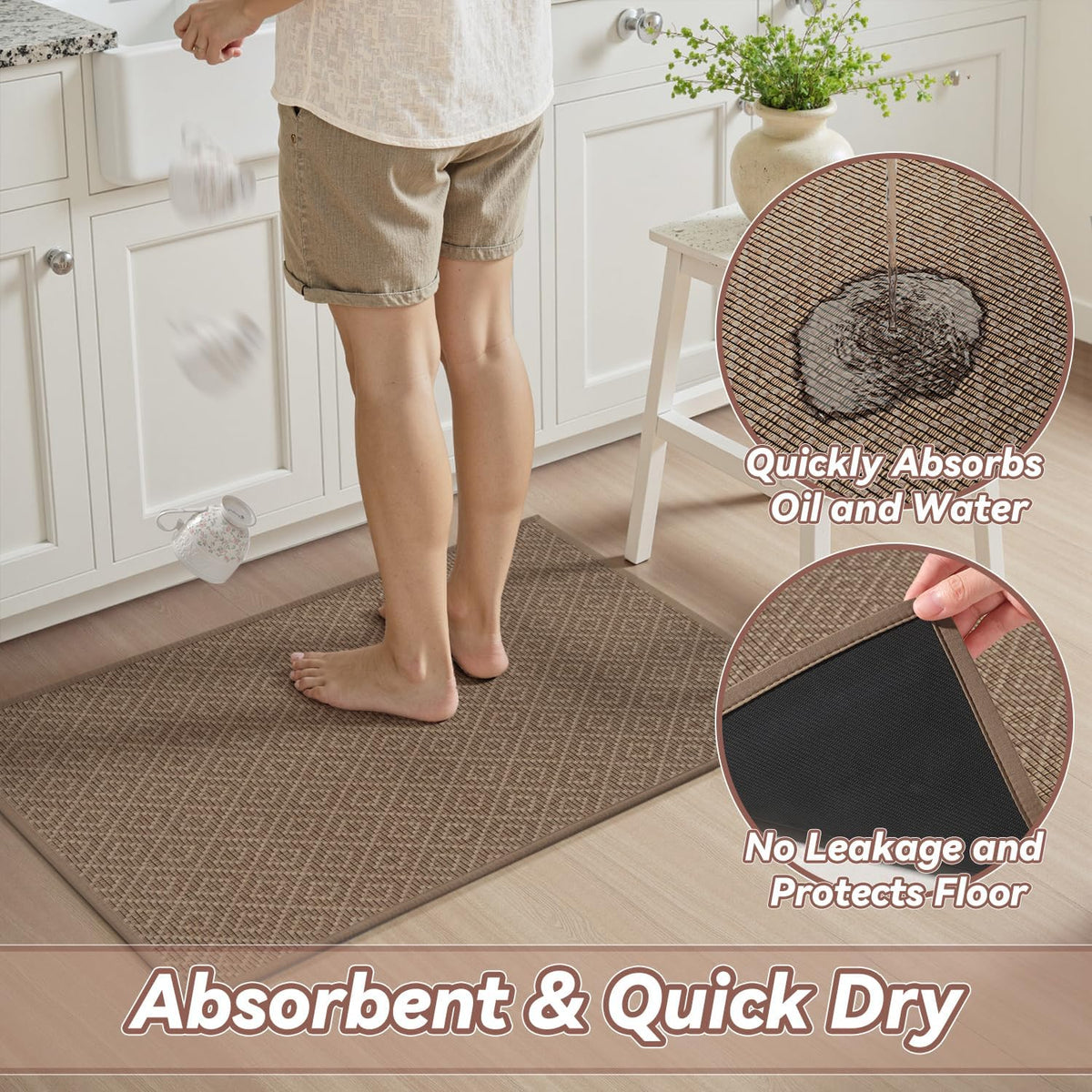 PADOOR Kitchen Runner, Rubber Backed Kitchen Runner Rugs Non Skid Washable, Super Absorbent Kitchen Mats for Floor Front of Sink, 20"x70" Brown