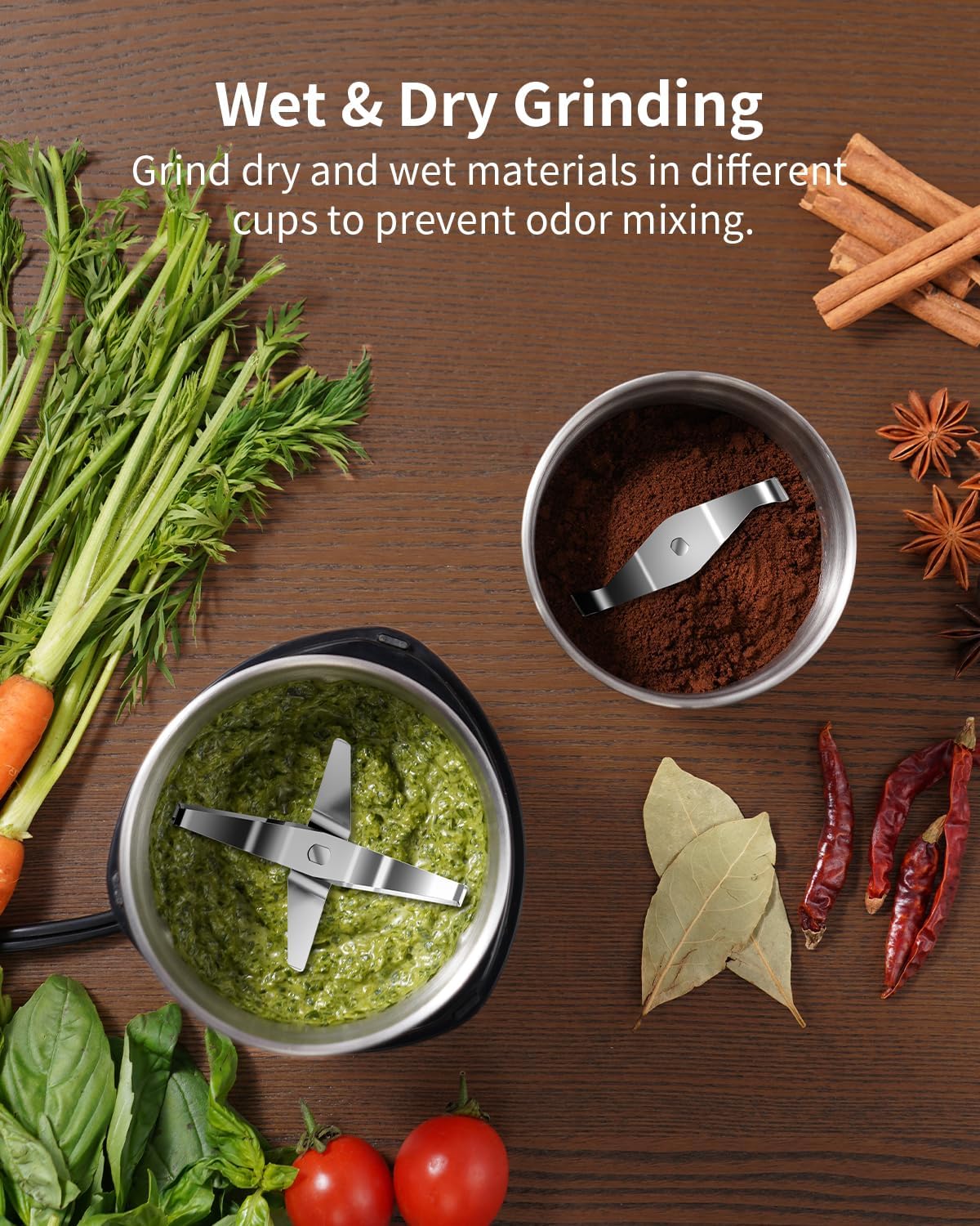 SHARDOR Coffee Grinder Electric Herb/Wet Grinder for Spices and Seeds with 2 Removable Stainless Steel Bowls, Silver