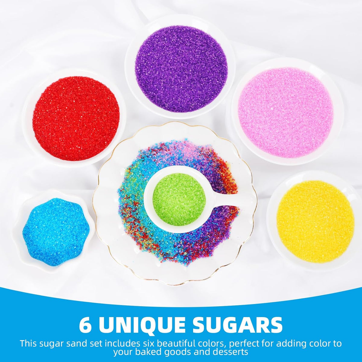 KASVAN Edible Sanding Sugar Sprinkles, 9.2oz Rainbow Sugar Sprinkles, 6 Colors Pink Blue Purple Yellow Green Red, Sparkling Crystals for Cake, Cupcakes, Cookies & Desserts