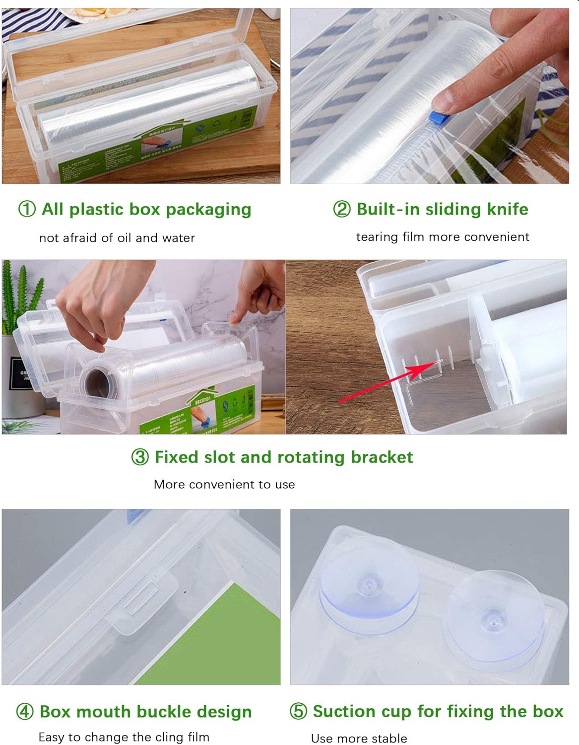 Household Reusable Refillable Plastic Wrap Dispenser with Slide Cutter, Food Wrap Stretch Clear Cling Wrap 12 Inch×328 Ft (1Cutting Box + 1 Cling Film)