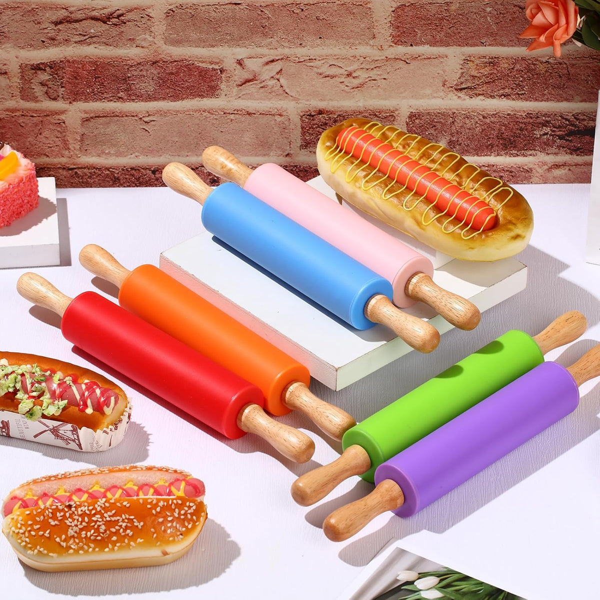Dandat Small Rolling Pin Kids 12 Inch Mini Silicone Rolling Pin for Baking Non Stick Kids Dough Roller with Wooden Handle for Kitchen Cookie Pastry Fondant Cake 6 Colors (12 Pcs)