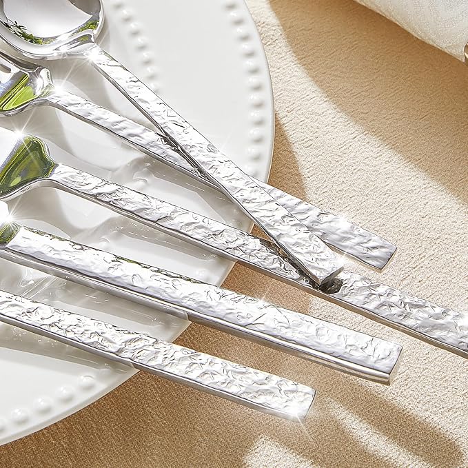 KINGSTONE 20 Pcs Hammered Silverware Set for 4, 18/10 Stainless Steel Heavy Duty Flatware Set, Tableware Cutlery Utensil Sets for Home Restaurant Dishwasher Safe