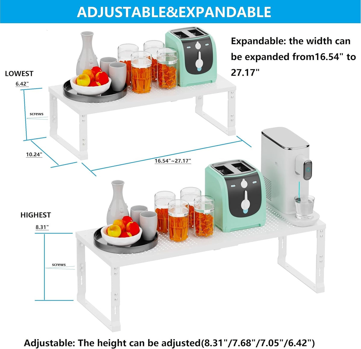 Expandable Spice Rack,Stackable Storage for Cabinet, Multi-Functional Kitchen Shelving,Height-Adjustable,Sustainable Organizer Solution(2Packs/White/Large)