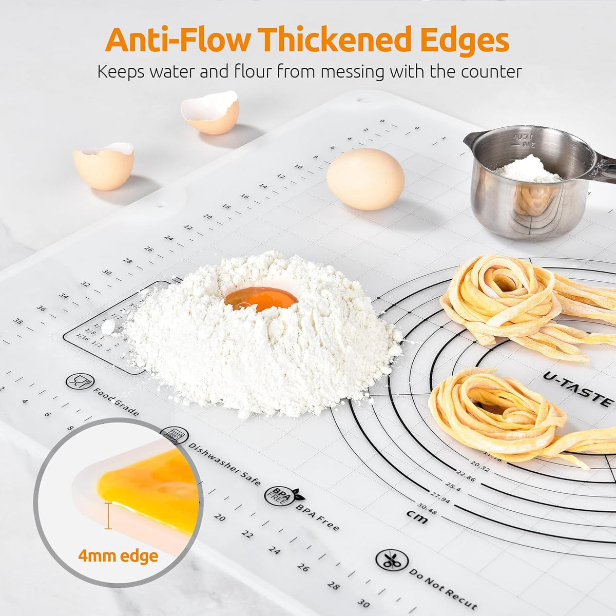 U-Taste 28"x20" Large Pastry Mat: Food-Grade Liquid Silicone Dough Rolling Baking Sheet, Non-Stick Non-Slip for Kneading, Making Pizza, Fondant with Clear Measurement and Raised Edges (Transparent)