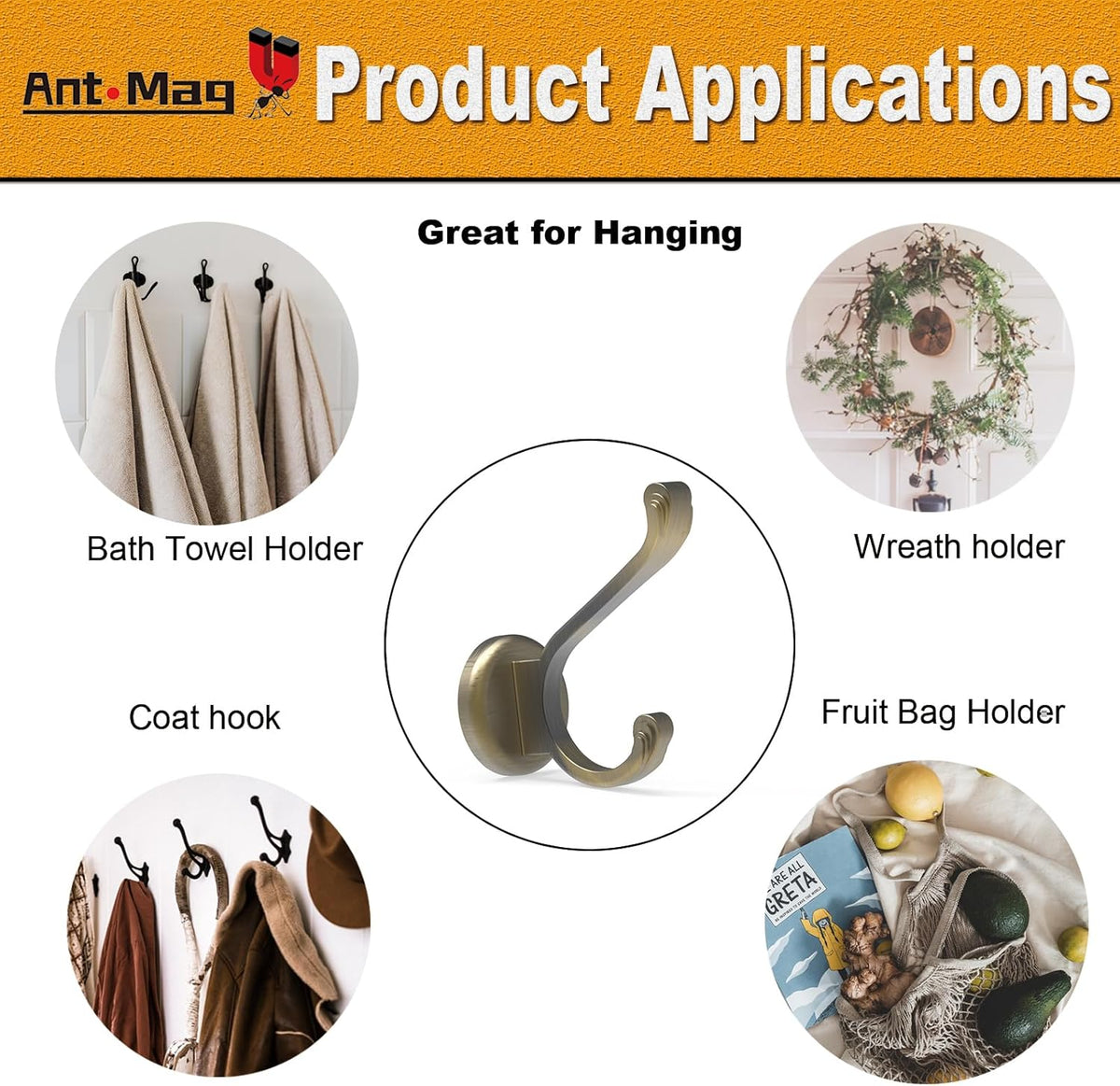 Ant Mag Magnetic Hooks Heavy Duty 141lbs Neodymium Magnet Metal Wall Hooks for Hanging Coats Robes Backpacks Bags Hats Keys Mugs Cups Towels Bronze