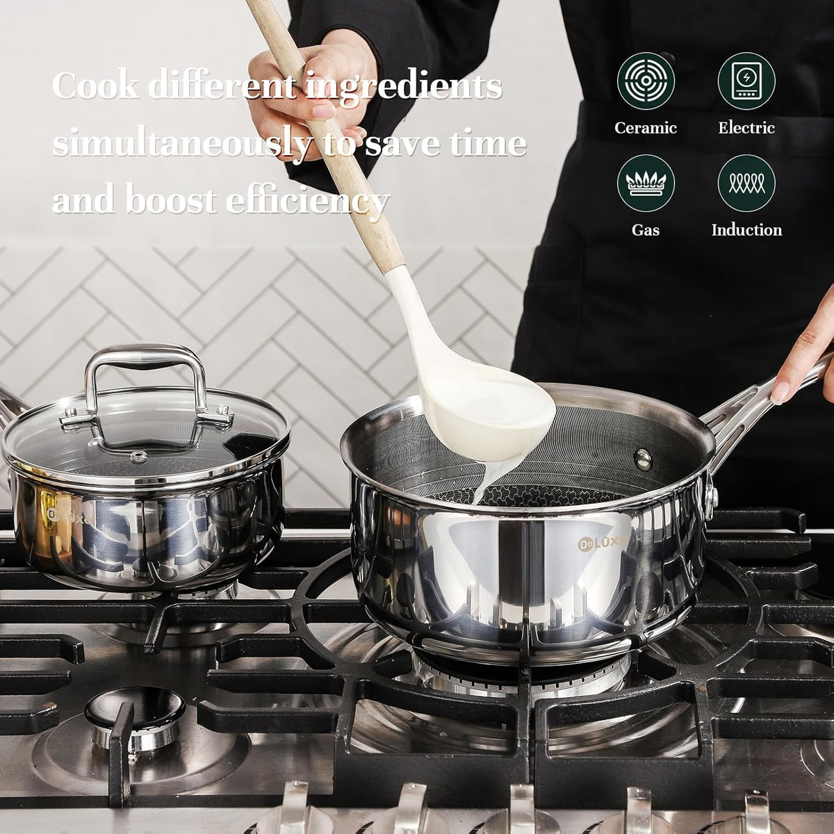 DELUXE Hybrid Ceramic Nonstick 6 PCS Pot Set, 1.3, 3&5.4-Quart Pot with Tempered Glass Lid, Stainless Steel Cookware Pots with Stay-Cool Handle, Dishwasher Safe, Compatible with All Cooktops