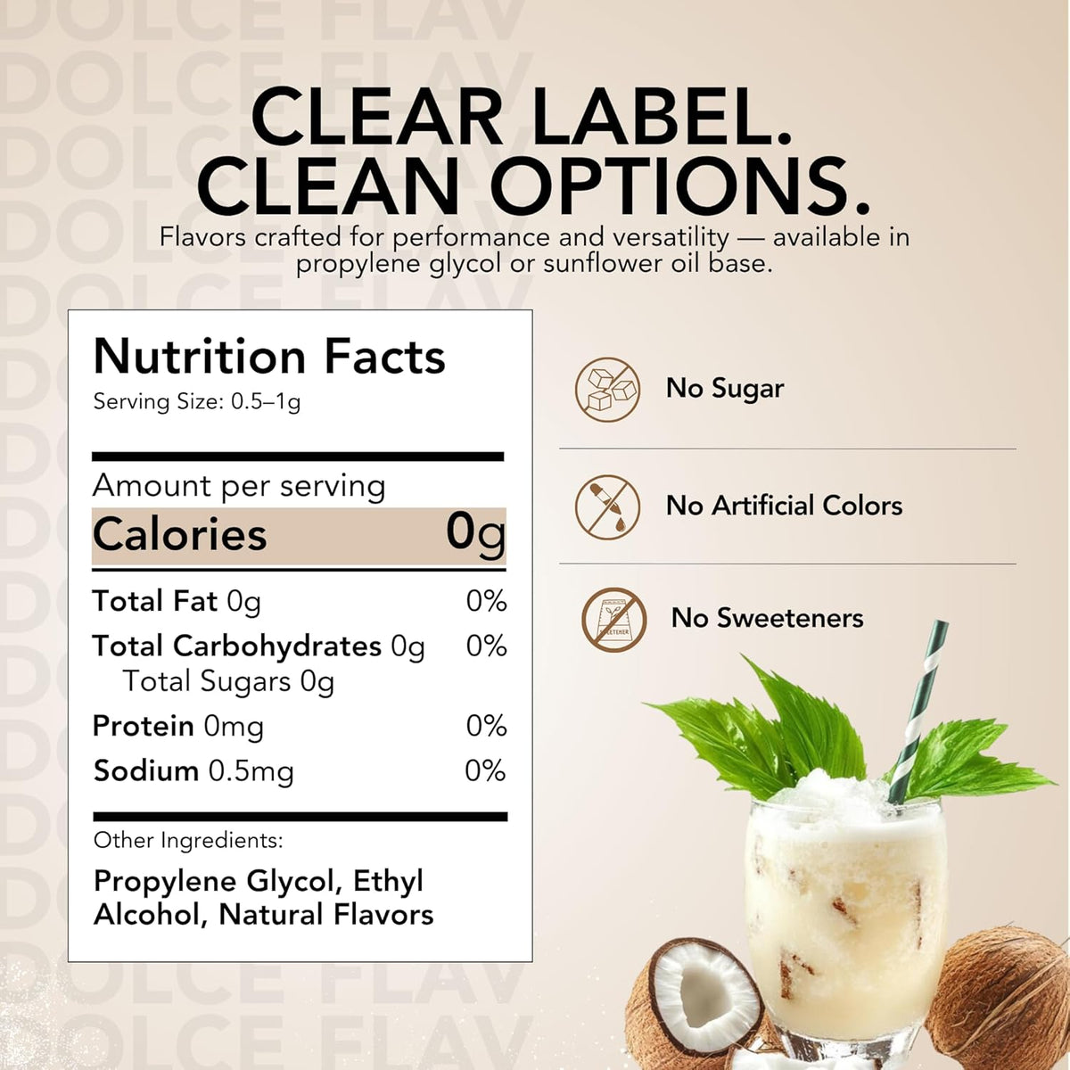 Dolce Flav Natural Coconut Extract – 2 Ounce Water-Soluble Kosher, Sugar-Free, Concentrated Tropical Coconut Flavoring for Baking, Beverages & Desserts, Includes Measured Dropper