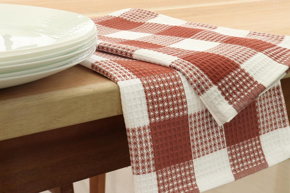 PurpleEssences Rust 100% Cotton Waffle Weave Check Plaid Kitchen Towels, Super Soft and Absorbent Dish Towels for Drying Dishes 15 x 25-4 Pack - Spring Summer - Rust and White