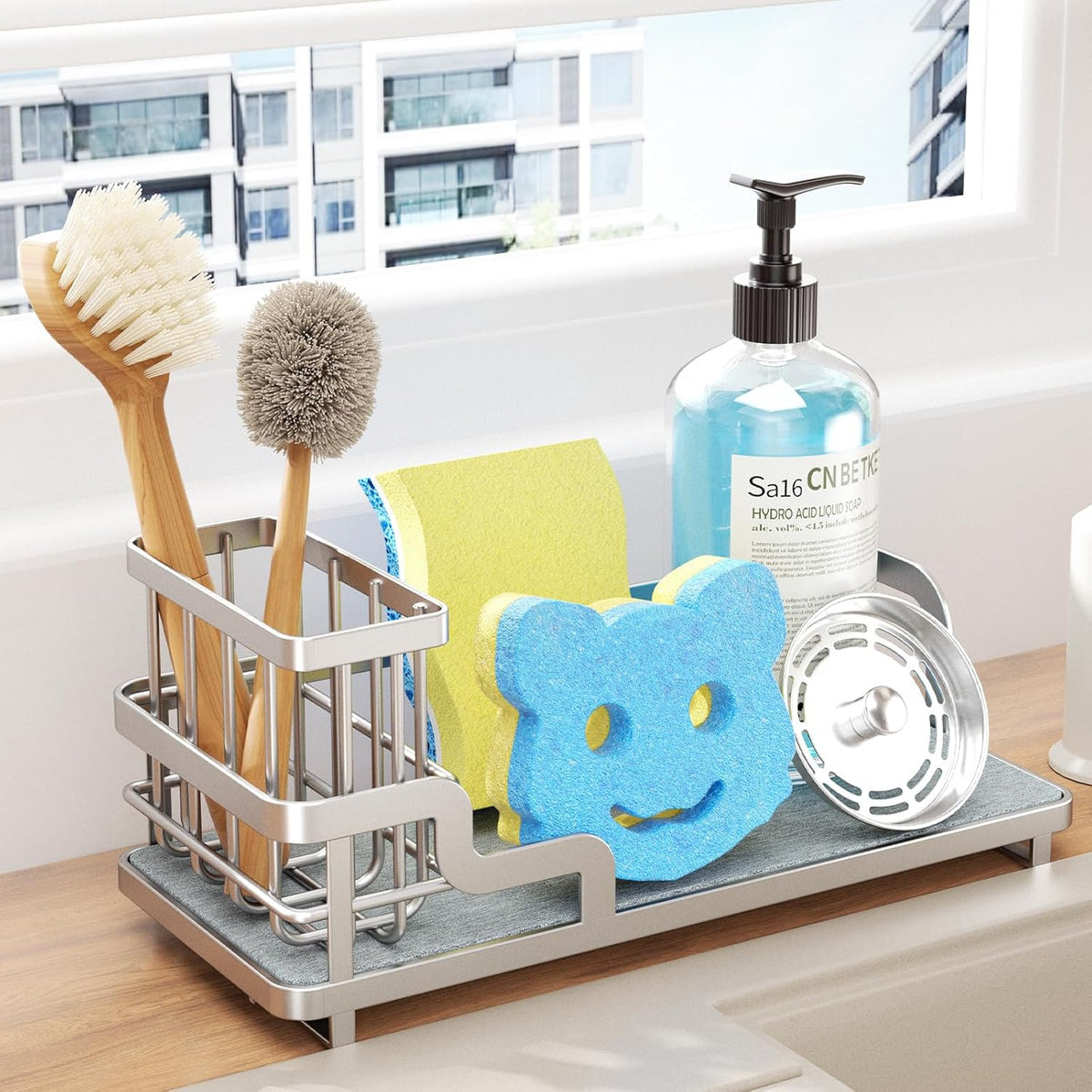Consumest Sponge Holder for Kitchen Sink - Sink Caddy Organizer with Water Absorbing Stone Tray, Detachable Brush Holder, Stainless Steel Kitchen Counter Organizer Rack, Sand Nickel