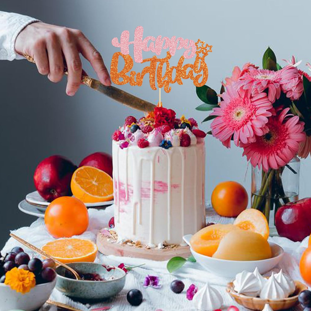 Ephlyn 1Pcs Happy Birthday Cake Topper Glitter Cake Pick for Celebrating Anniversary Party Cake Decorations Supplies Pink Orange