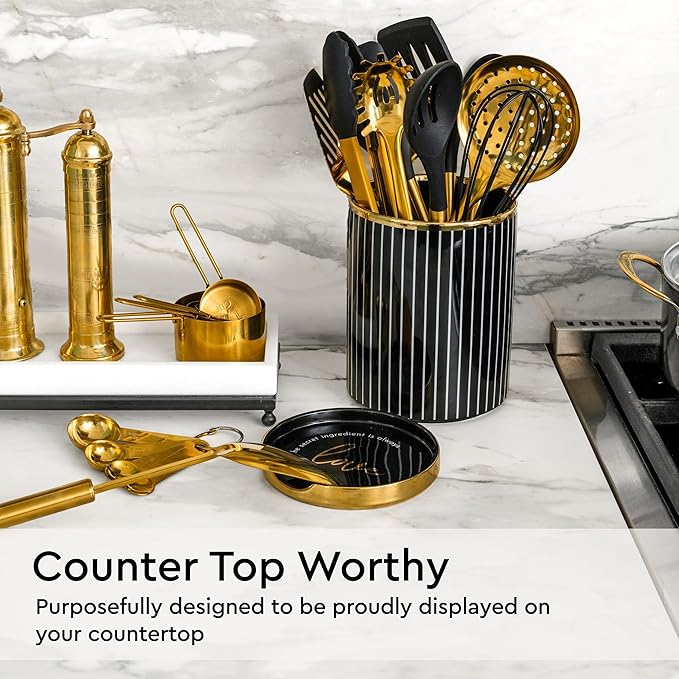 Black and Gold Kitchen Utensils Set - 19-PC Set Includes Stainless Steel and Silicone Cooking Utensils, Measuring Cups and Spoons - Black and Gold Kitchen Accessories for Stylish Cooking & Serving
