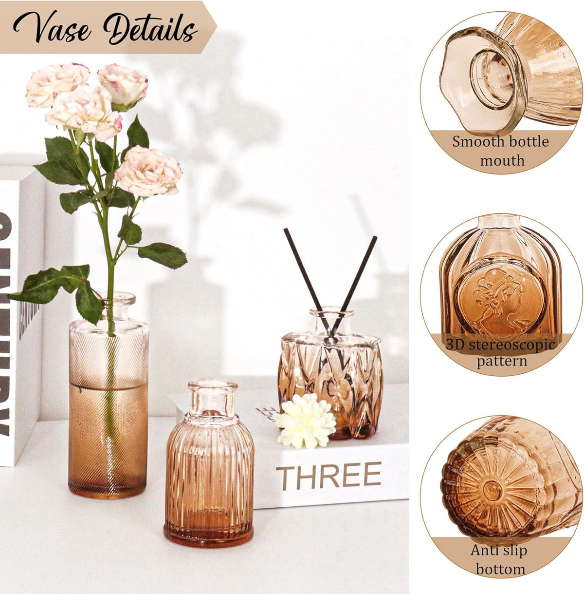36Pcs Bud Vases Set Small Vintage Glass Bottles Bud Vases in Bulk Multiple Shape Cute Glass Vases for Rustic Wedding Centerpieces Table Decorations and Home Decor(Amber)