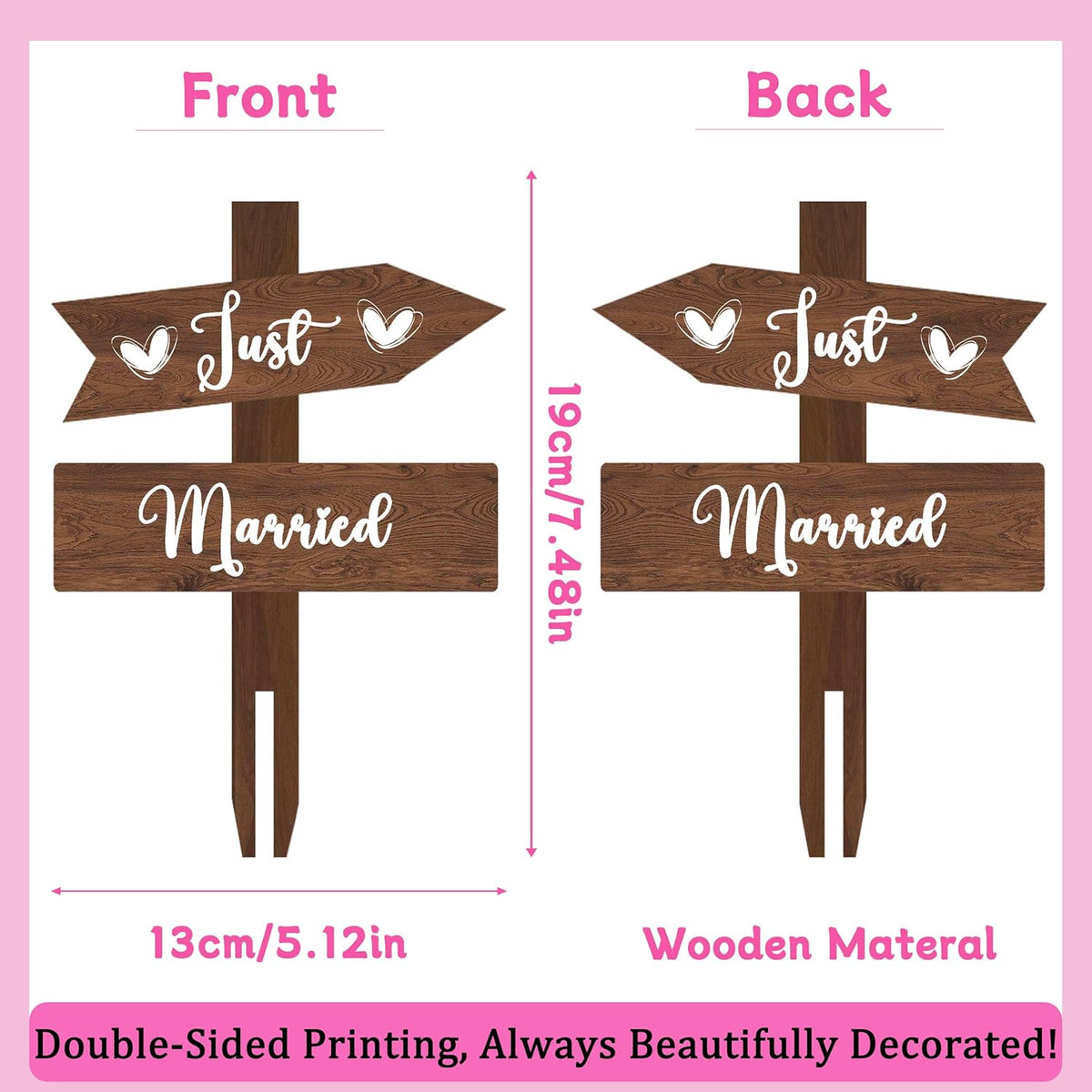 Just Married Cake Topper Rustic Wedding Cake Topper Double-Sided Wood Cake Toppers 7.48'' x 5.12'' Wedding Cake Decoration