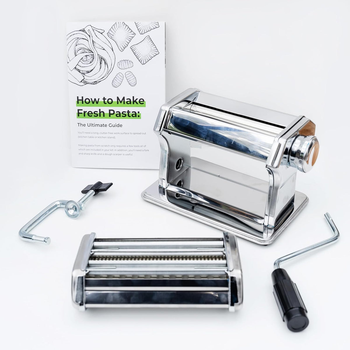 Cotswold Homeware Stainless Steel Pasta Making Machine with Adjustable Thickness Settings | Wooden Pasta Drying Rack | Pasta Cutter Scraper and Pasta Serving Tongs
