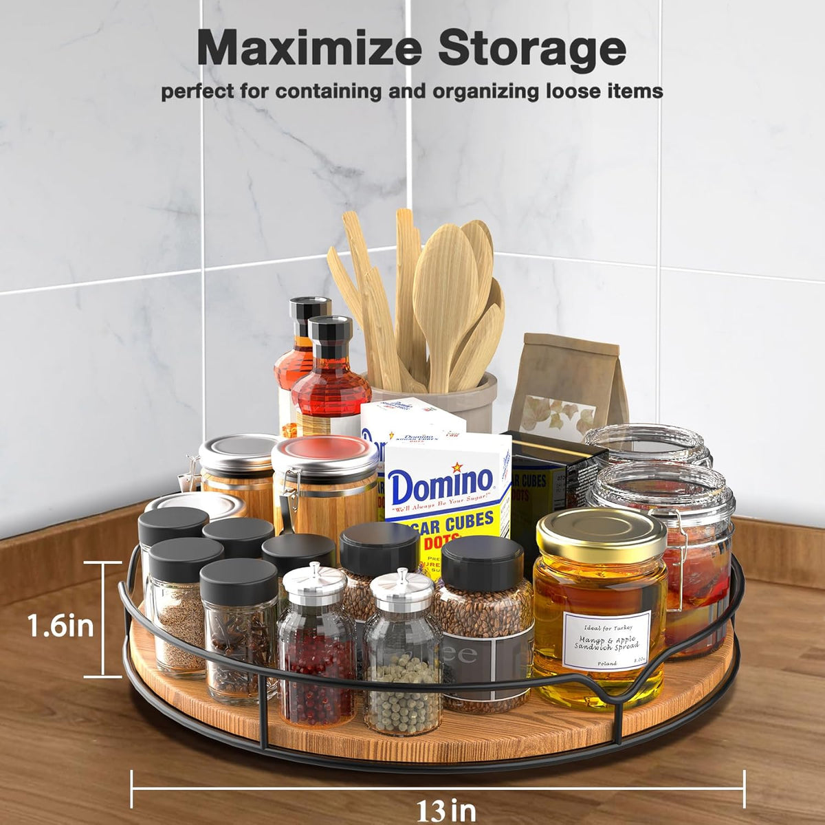 Lazy Susan Turntable Organizer with Anti-Slip Mat for Cabinet Pantry Kitchen Countertop Refrigerator Office, Pine Wood, 13", Carbonized Black