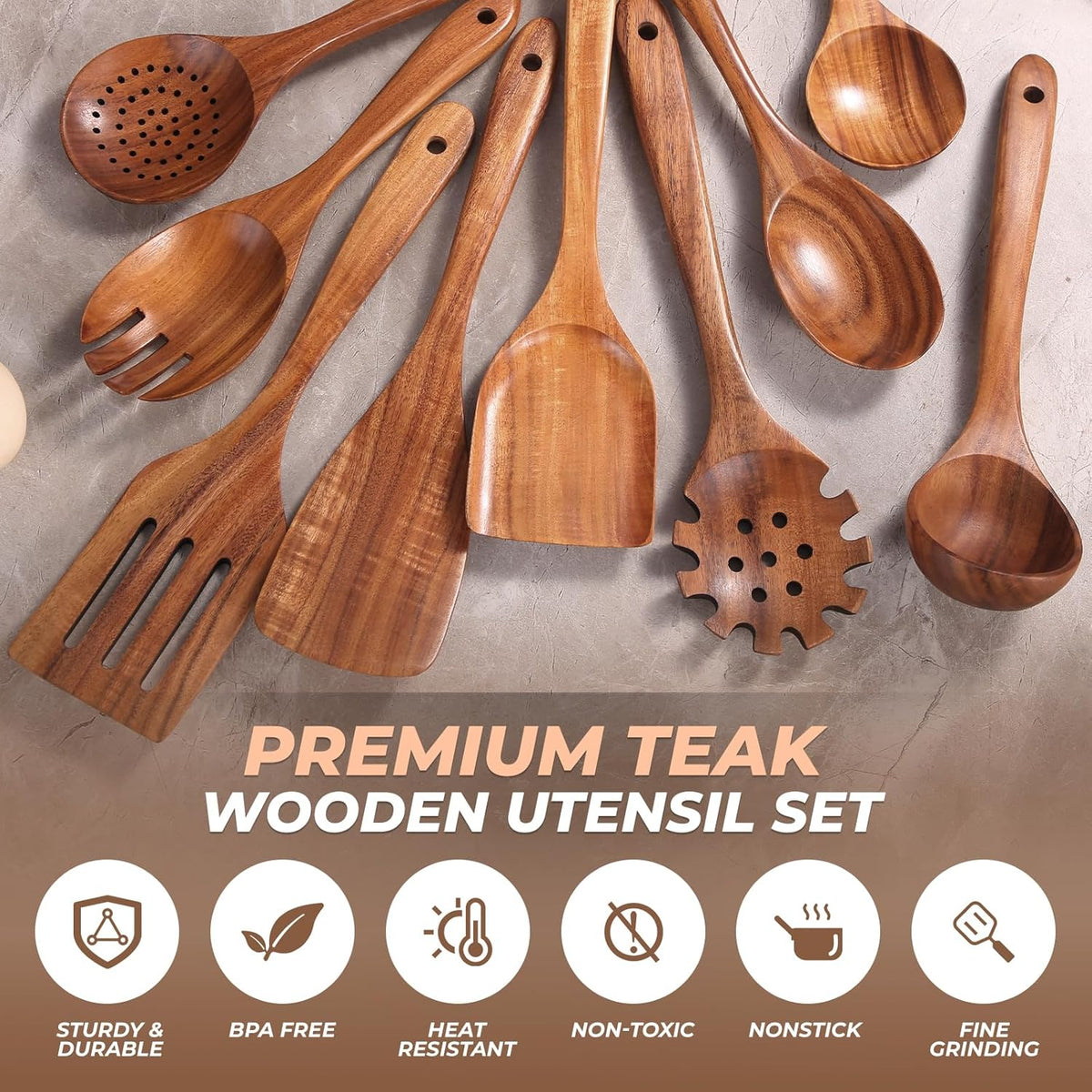 AIUHI Natural Teak Wood Kitchen Utensil Set, 9Pcs Wooden Spoons for Cooking, Cooking Utensils Set for Nonstick Cookware, Durable & Heat Resistant