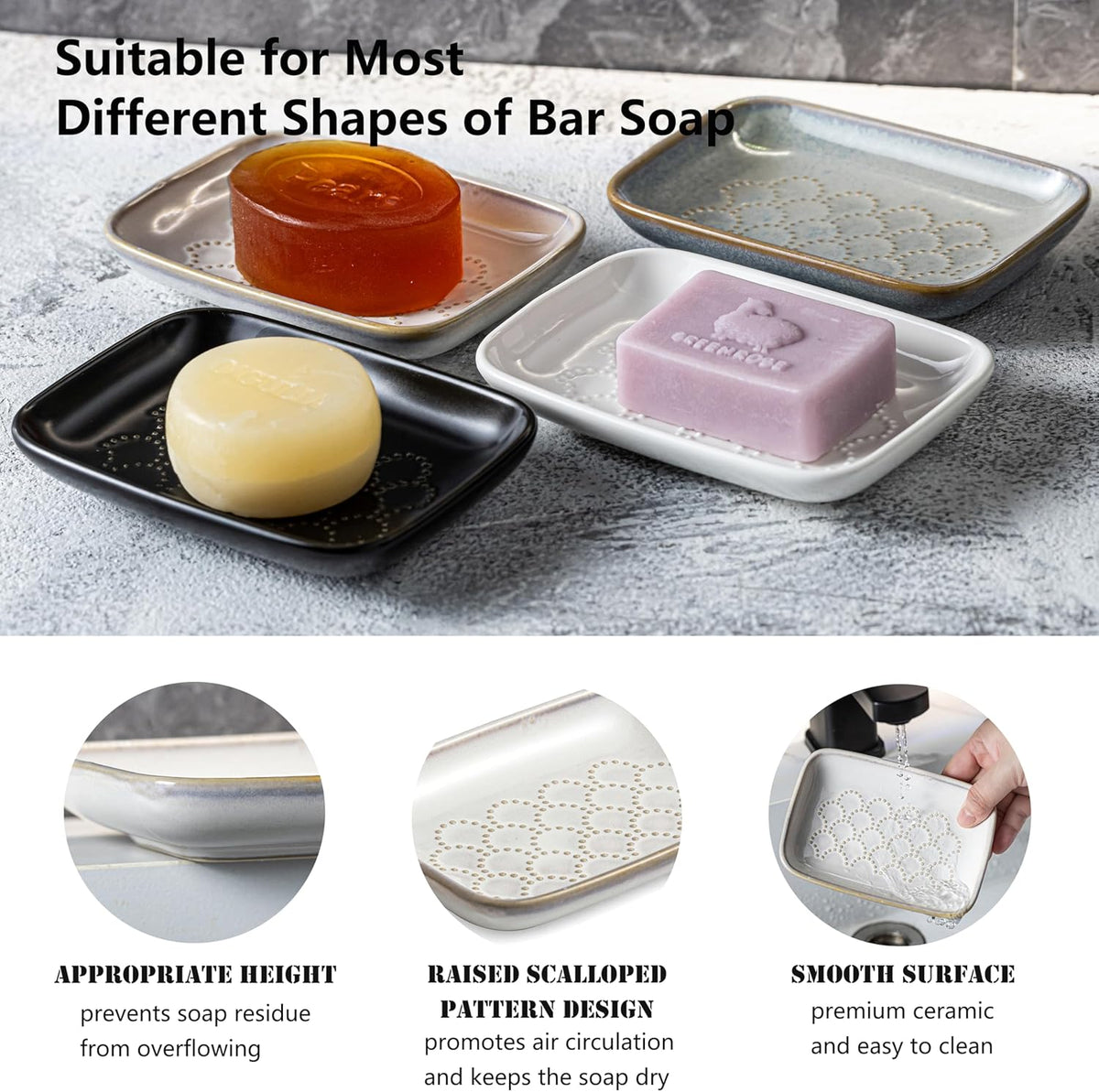Gomakren Soap Dish for Shower, Ceramic Soap Dishes for Bar Soap Sponge, Shower Soap Holder Saver Tray for Bathroom Kitchen Sink, Easy to Clean, Beige
