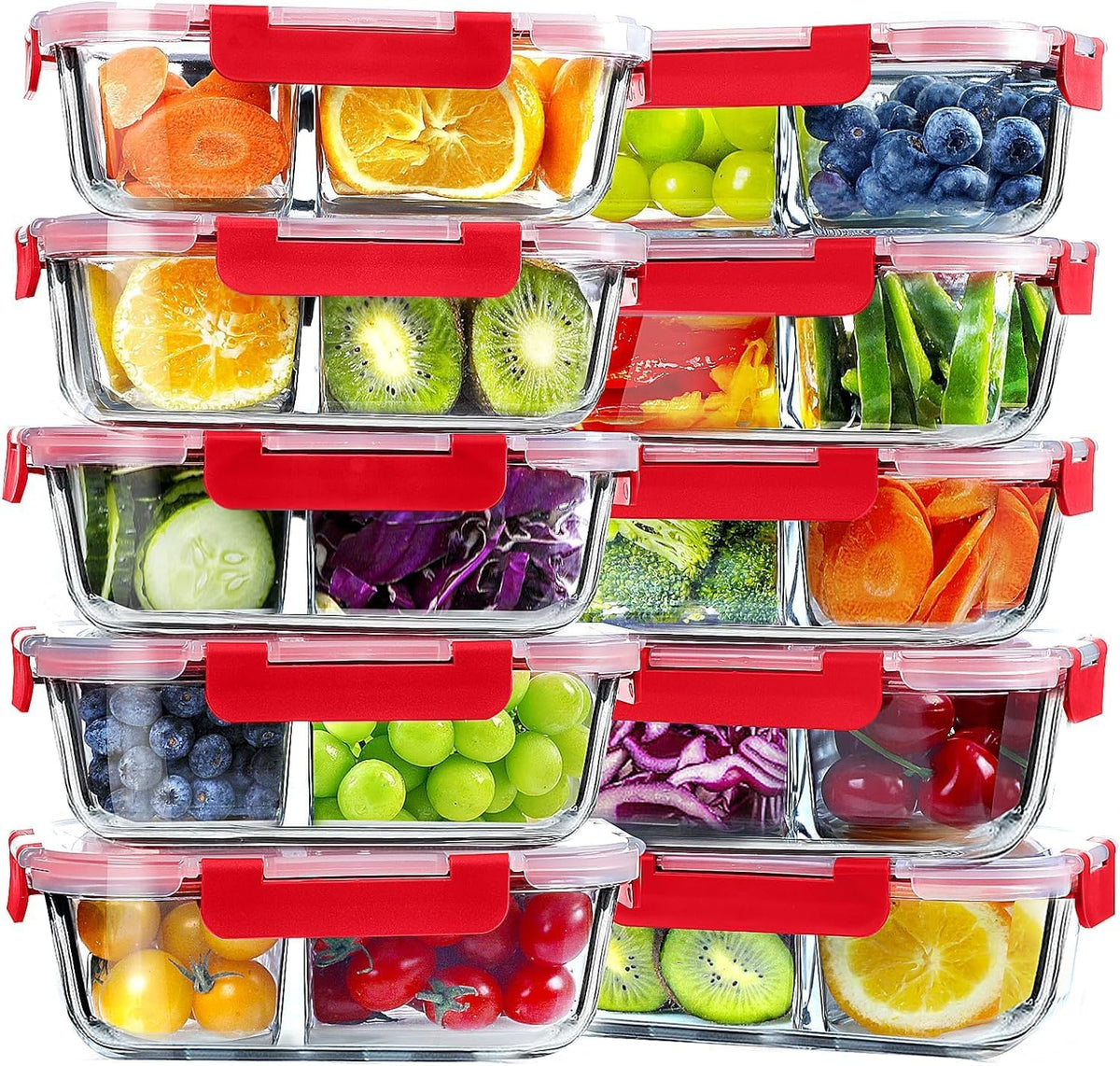 VERONES 10 Pack Glass Meal Prep Containers 2 Compartment Set, 36OZ Airtight Lunch Containers, Glass Food Storage Containers with Lids, for Microwave, Oven, Freezer & Dishwasher Friendly,Red