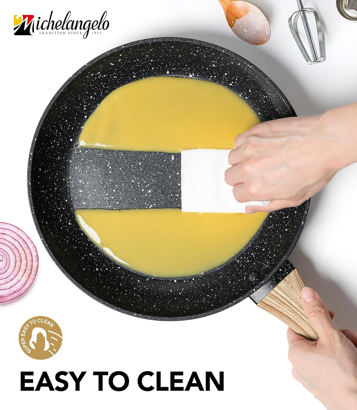 MICHELANGELO Non Stick Frying Pans - 12 Inch Nonstick Frying Pan with Glass Lid, Large Stone Fry Pan with Ergonomic Handle, Induction Compatible, Black