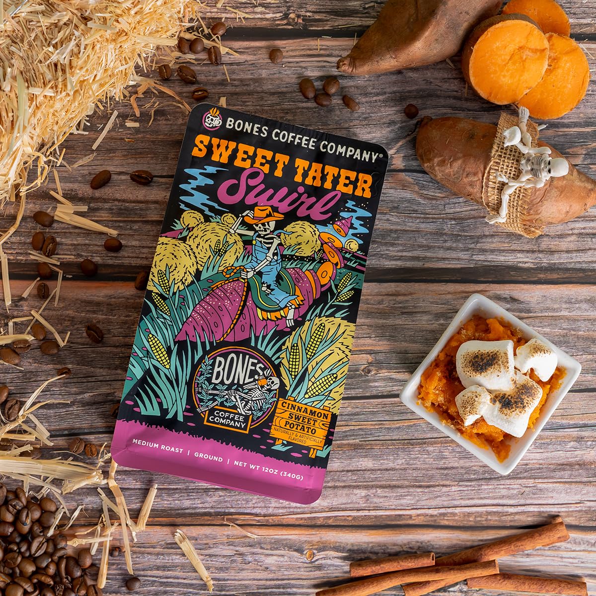Bones Coffee Company Sweet Tater Swirl, Cinnamon Sweet Potato Flavored Coffee, Medium Roast Low Acid Arabica Beans Compatible with Auto drip and French Press Coffee Maker, 12 Oz Ground