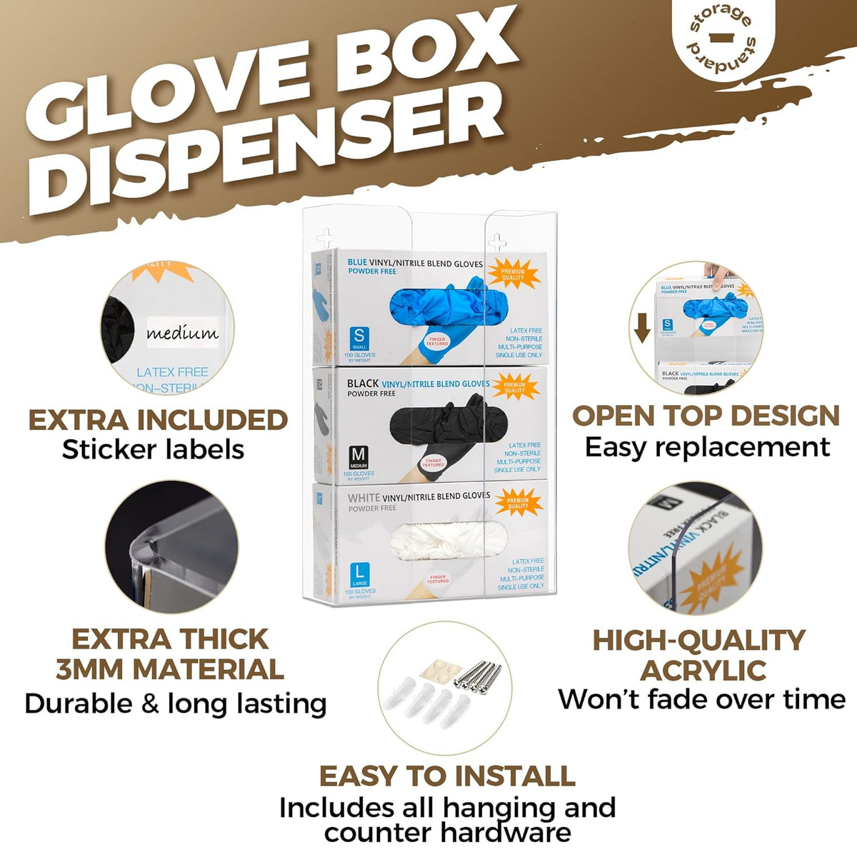 Storage Standard Triple Glove Box Holder Dispenser - Kitchen, Medical, & Latex Glove Holder Wall Mount or Countertop, Universal Fit - Thick Acrylic, Easy to Use, Slide, & Load Open Top Design - Clear