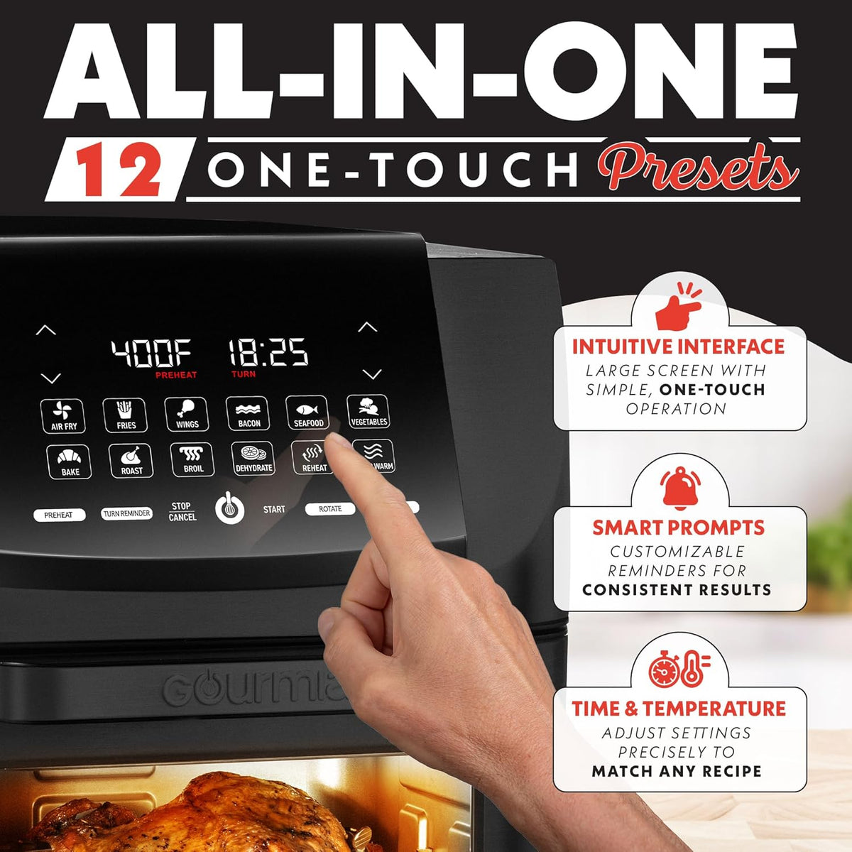 Gourmia Air Fryer Toaster Oven Combo - All-in-One 14-Quart Digital Air Fryer Toaster Oven with Rotisserie & Dehydrator – 12 Presets, Guided Cooking Prompts, 1750W, Dishwasher-Safe Accessories