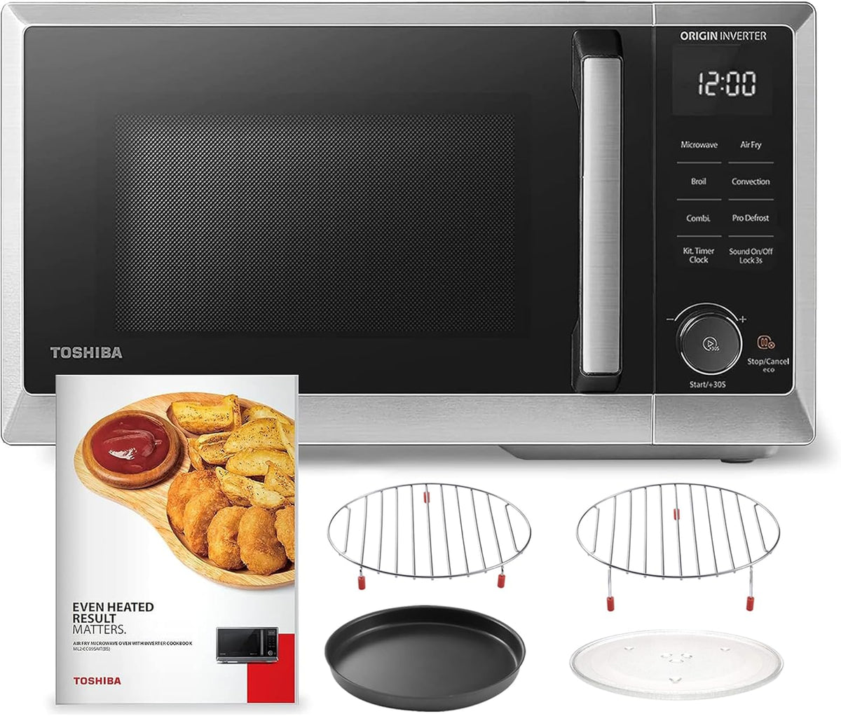 TOSHIBA 6-in-1 Inverter Countertop Microwave Oven Healthy Air Fryer Combo, MASTER Series, Air Fryer, Broil, Convection, Speedy Combi, Even Defrost, Sound On/Off 27 Auto Menu Stainless Steel