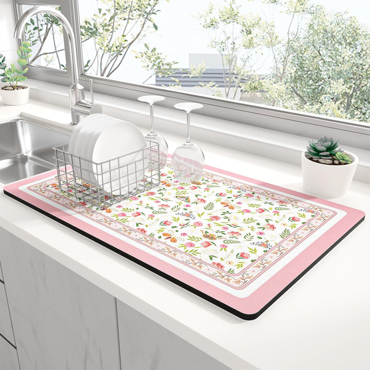 Rnivvi Dish Drying Mat for Kitchen Counter, XL 15 x 24" Cute Flower Theme Absorbent Draining Pad, Non-Slip Heat Resistant Coffee Bar Mats for Coffee Machine Station Accessories, Pink Dish Rack Pad
