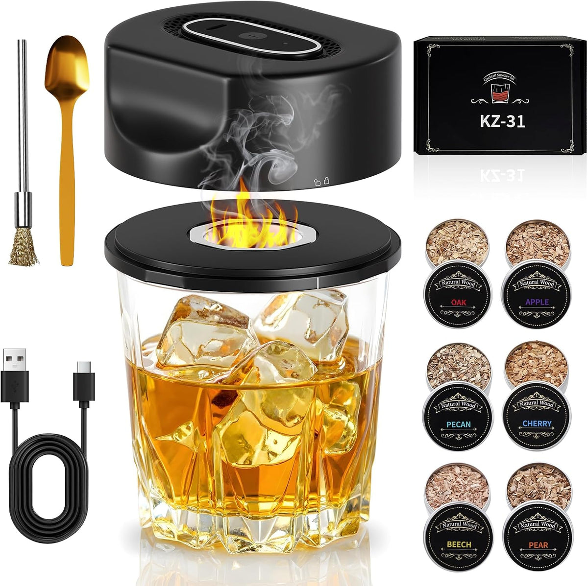 WIFEA Electric Whiskey Smoker Kit, Built-in Lighter, Old Fashioned Drink Smoker Kit with 6 Wood Chips, Rechargeable Cocktail Machine, No Butane Needed - Bourbon Whiskey Gifts for Men, Dad, Husband