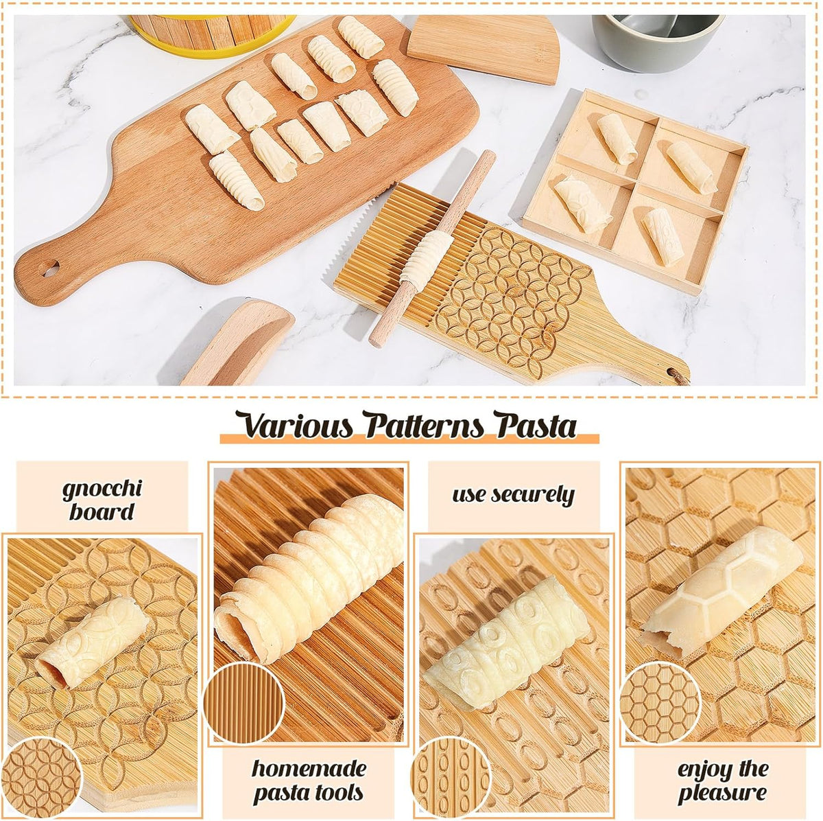 Tioncy 7 Pcs Gnocchi Pasta Making Tool, Wood Gnocchi Board with Ravioli Stamp and Rolling Pin Set Homemade Kitchen Gift for Baking Lovers(Dumpling Style)