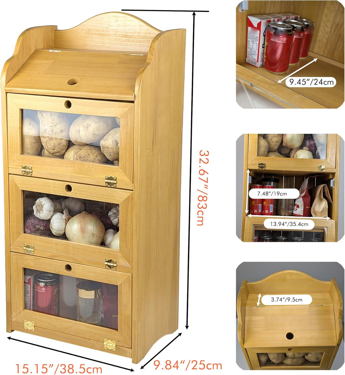 ARTAWEIN Onion and Potato Storage Bin Box Farmhouse Fruit and Vegetable Storage Small Food Kitchen Pantry Cabinet for Snack Large Bread Box for Homemade Bread Black Potato Bins