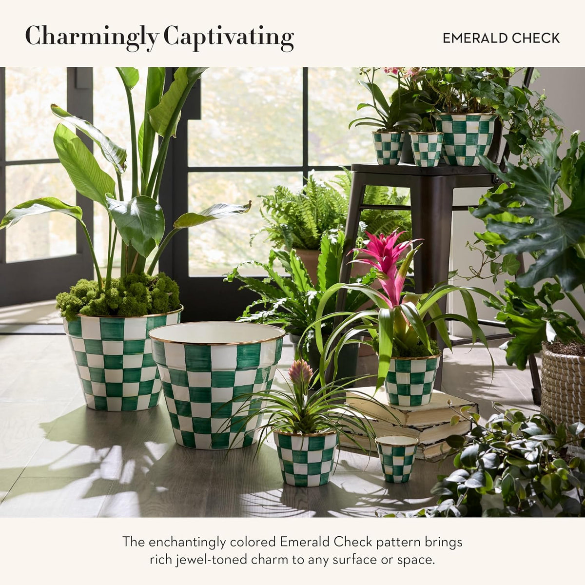 MACKENZIE-CHILDS Enamel Herb Pots, Small Plant Pots for Herbs or Flowers, Set of 3, Green-and-White Emerald Check