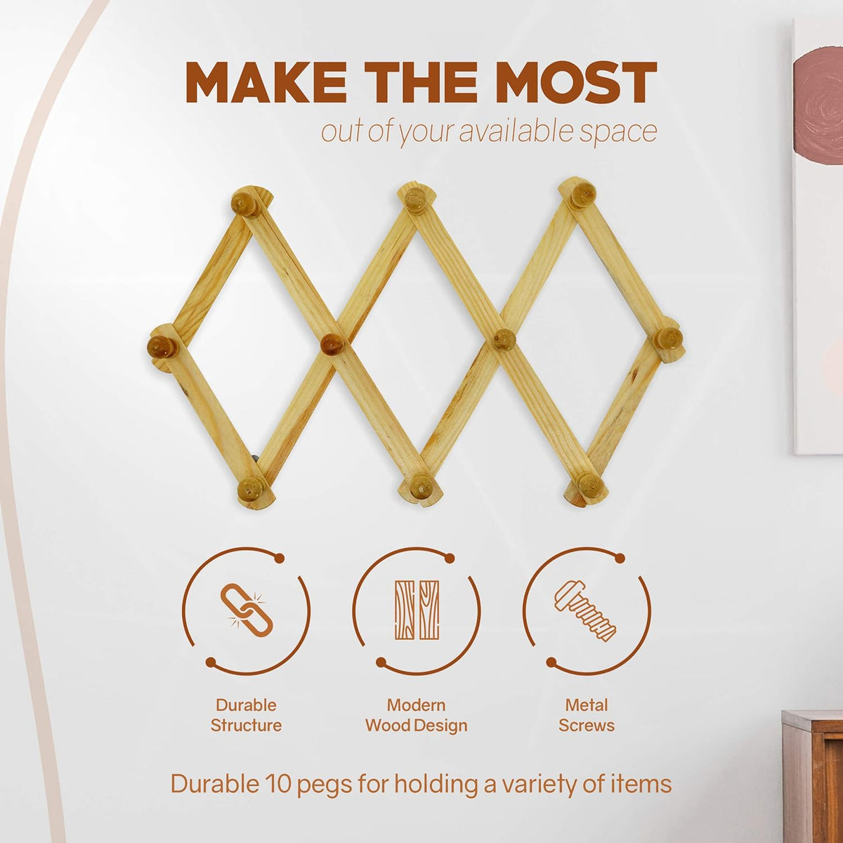 RAM-PRO Accordion Style Wood Expandable Rack Hat, Cap, Belt, Umbrella Coffee Mug Wall Wooden Pegs
