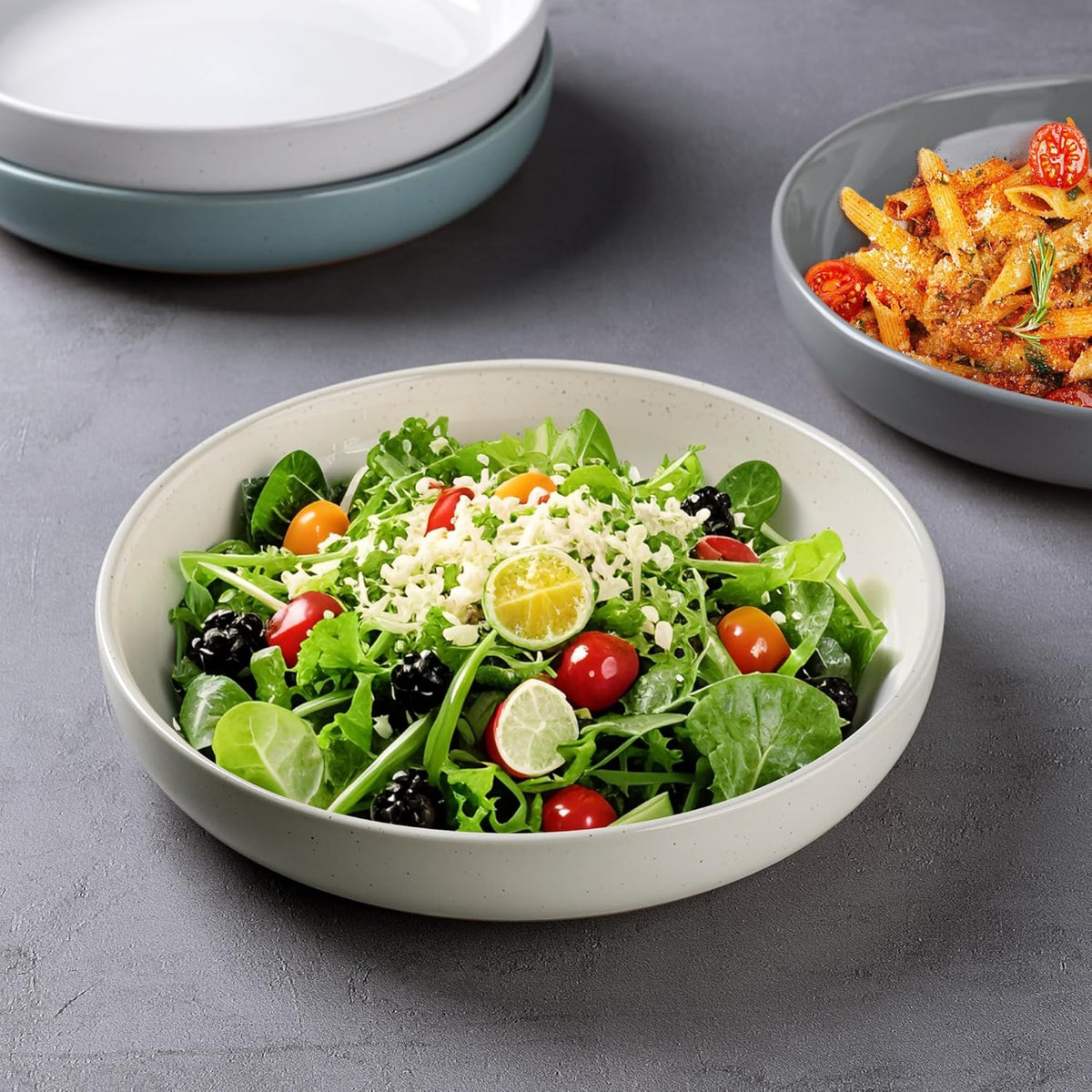 AmorArc 8.75'' Large Ceramic Pasta Bowls, 36oz Handpainted Stoneware Bowls Set of 4, Microwave&Dishwasher Safe Bowls with Rustic Terracotta Underside for Pasta Salad, Multi-Color