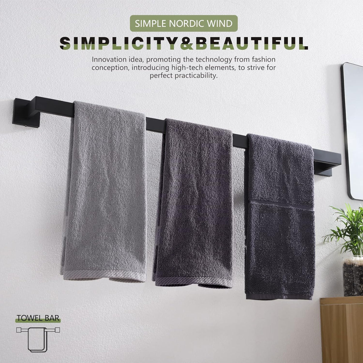 KOKOSIRI 36-Inch Single Towel Bar, Bathroom Kitchen Towel Holder, Wall Mounted SUS304 Stainless Steel Towel Rack, Matte Black, B4003BK-L36
