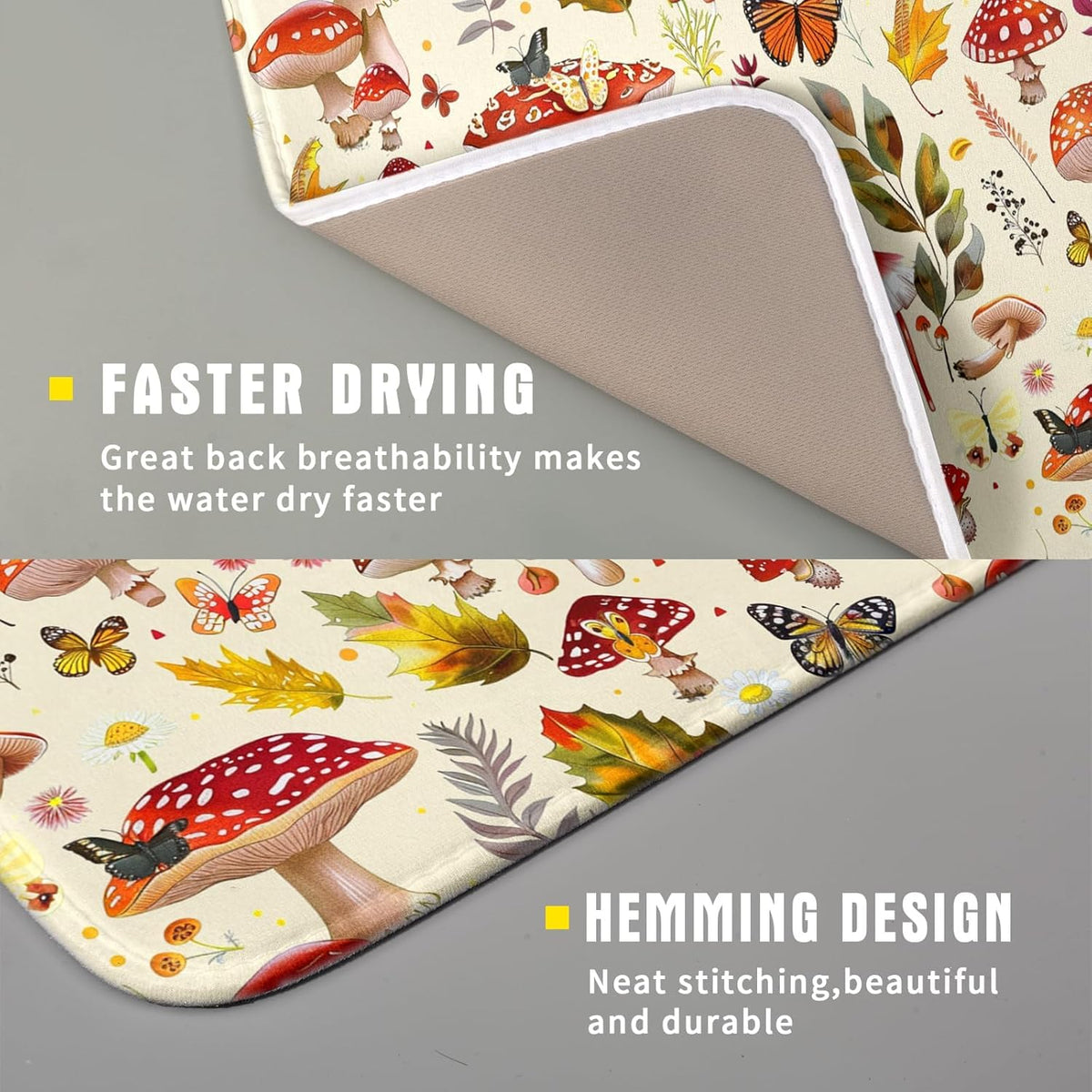 Forest Mushroom Dish Drying Mats Wild Plant Butterfly Kitchen Sink Rack Mats 16 X 18 Inch