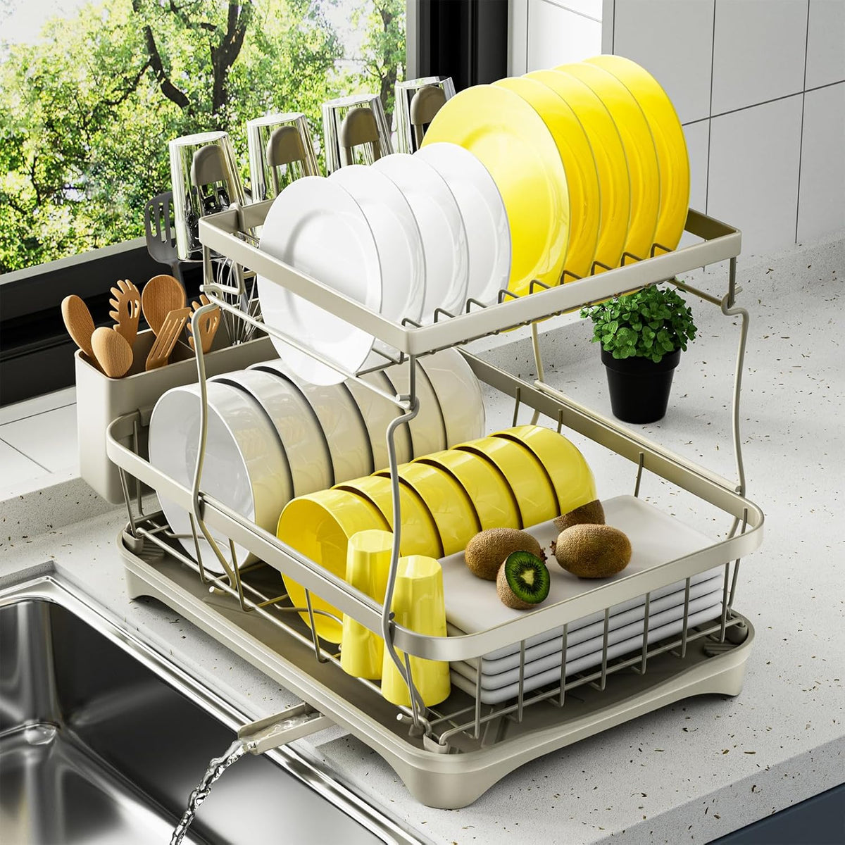 Dish Drying Rack 2-Tier Dish Racks for Kitchen Counter, Adjustable Spout Auto-Draining Dish Rack, Large Capacity for Plates, Bowls, Cups, Tableware, Dish Drainer with Drainboard,Grey