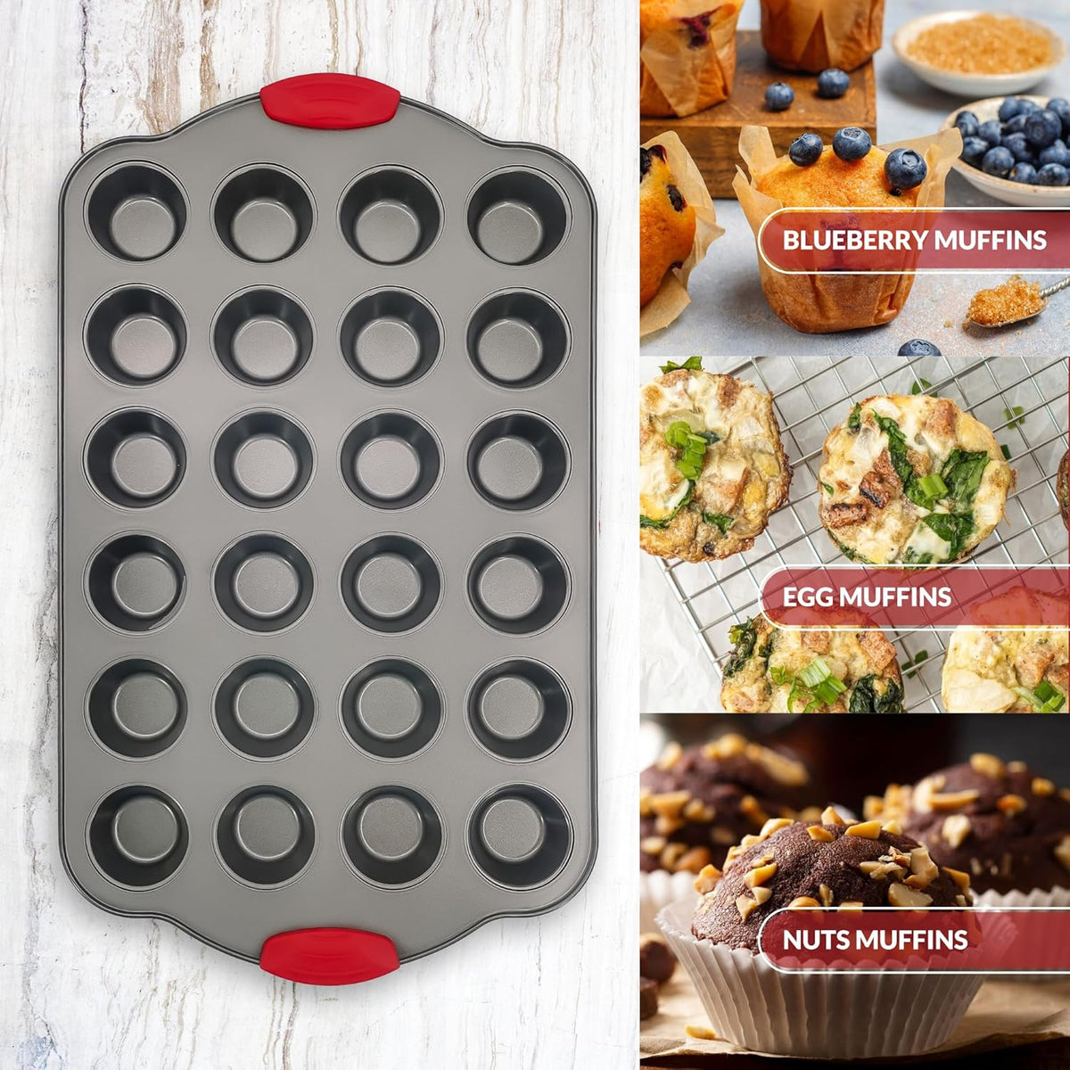 Boxiki Kitchen 24 Cup Mini Muffin Pan with Silicone Handles | Professional Non-Stick Cupcake Pan for Muffins, Cupcakes, Egg Bites, and More