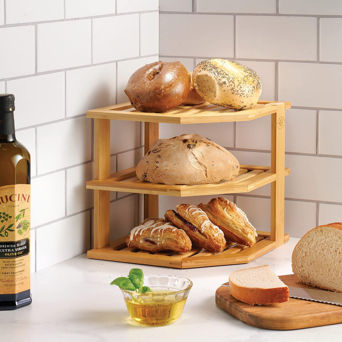 2-Pack Plate Organizer for Cabinet - Bamboo Corner Shelf for Kitchen or Bathroom Storage, Space-Saving Rack for Dishes, Countertop, Cabinet, Pantry - Organization & Housewarming Gift