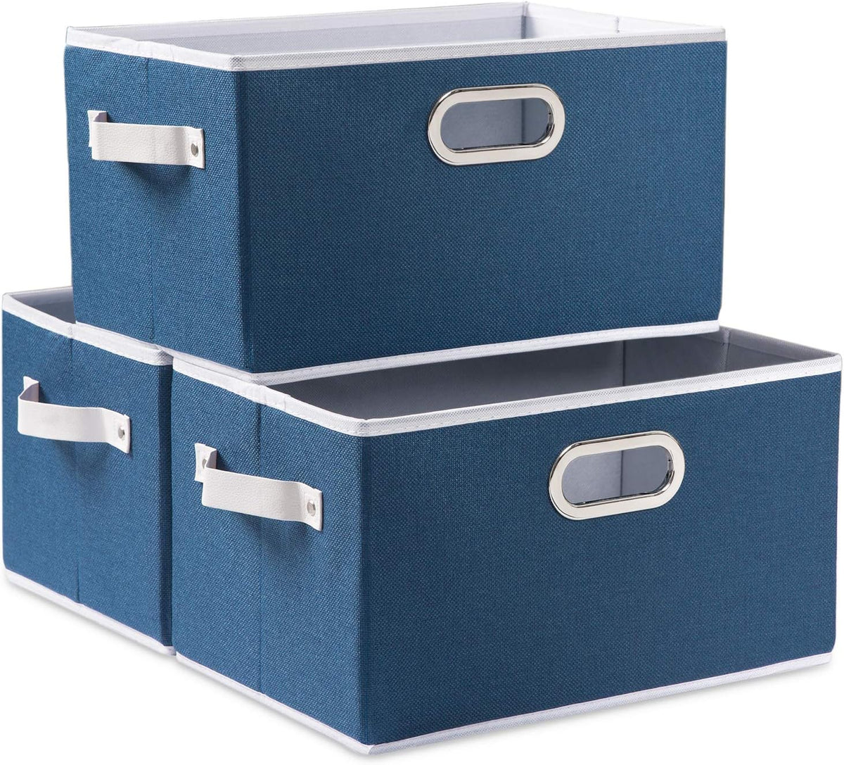 PRANDOM Fodable Storage Bins for Closet [3-Pack] Decorative Fabric Storage Baskets Cubes with Leather/Metal Handles for Shelves Bedroom Living Room Royal Blue (11.5x8.5x6.7 Inch)