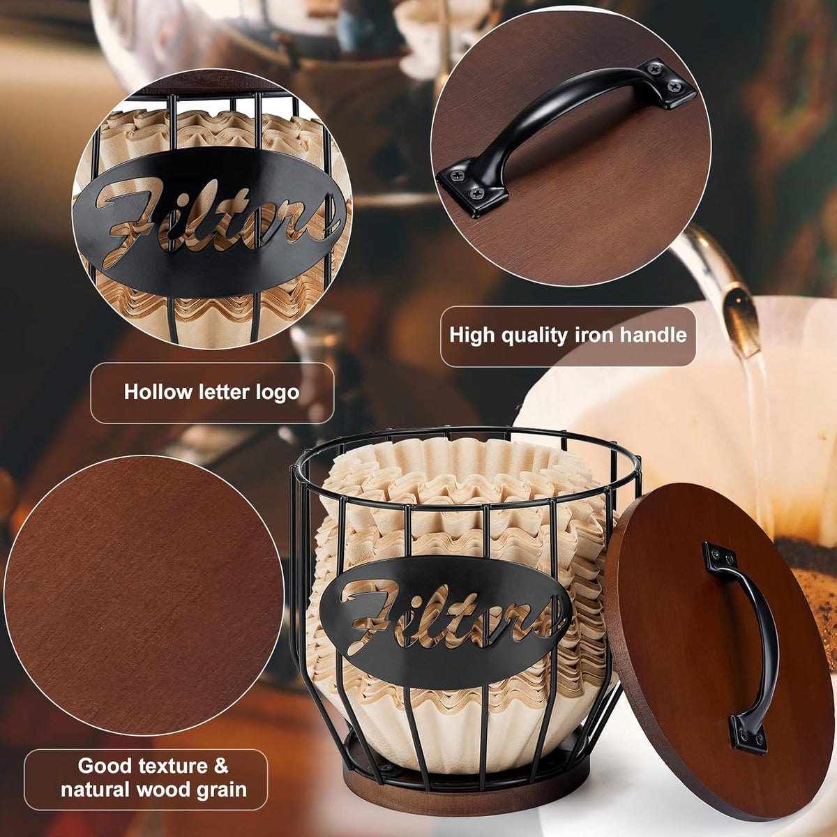 Yangbaga 8-12 Cup Coffee Filters Holder with Wood Lid,Large Capacity Coffee Filter Storage Canister Container Basket,Black Wire K Cup Storage Basket,Coffee Bar Accessories decor