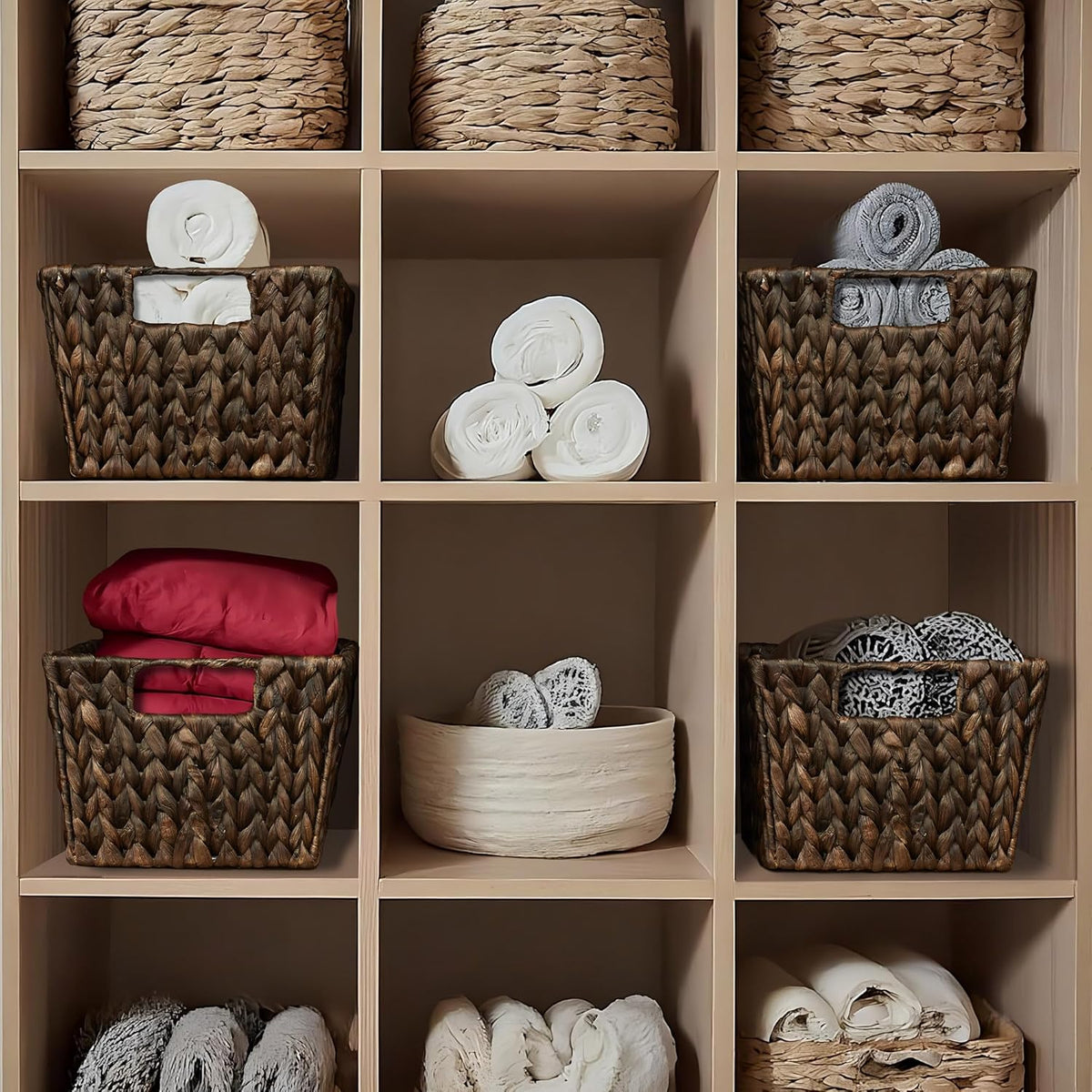 Casafield Set of 4 Water Hyacinth Storage Baskets with Handles - Espresso, Woven Rectangular Storage Bins for Shelves, Blankets, Laundry Organization