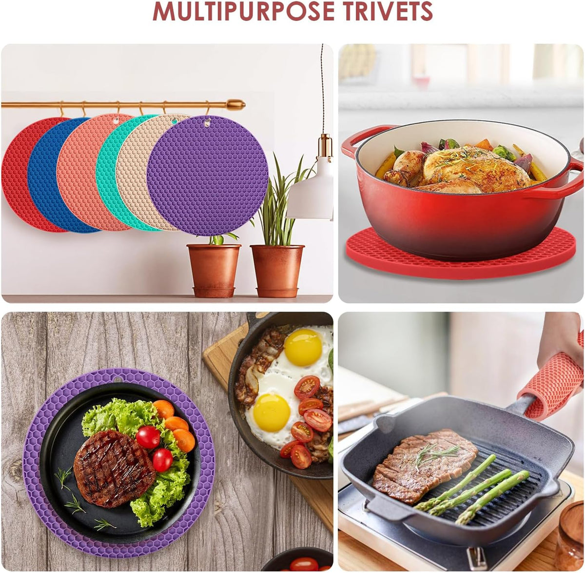 6 Pack Silicone Trivets for Hot Pots and Pans, 9" Colorful Silicone Trivet for Hot Dishes, Extra Large Non-Slip & Heat Resistant Hot Pads for Kitchen Counter(Colors)