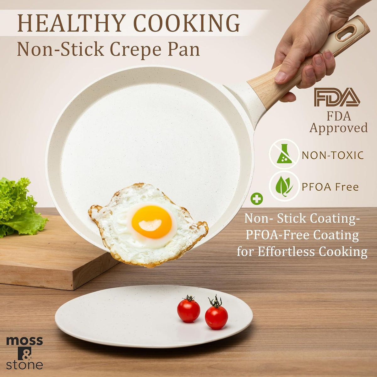 Moss & Stone 9.5 Inch Nonstick Crepe Pan with Spreader, Dosa Pan for Roti Dosa Tawa Comal Para Tortillas, Ceramic Flat Skillet Pan Induction Compatible, Pancake Pan for Stove Top - White