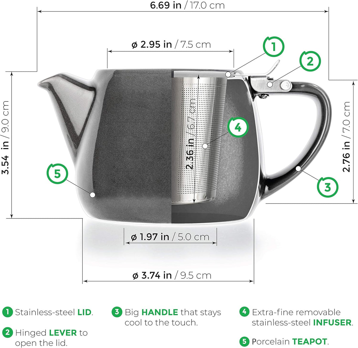 Tealyra - Pluto Porcelain Small Teapot Grey - 18.2-ounce (1-2 cups) - Unique Finish - Stainless Steel Lid and Extra-Fine Infuser To Brew Loose Leaf Tea - 540ml
