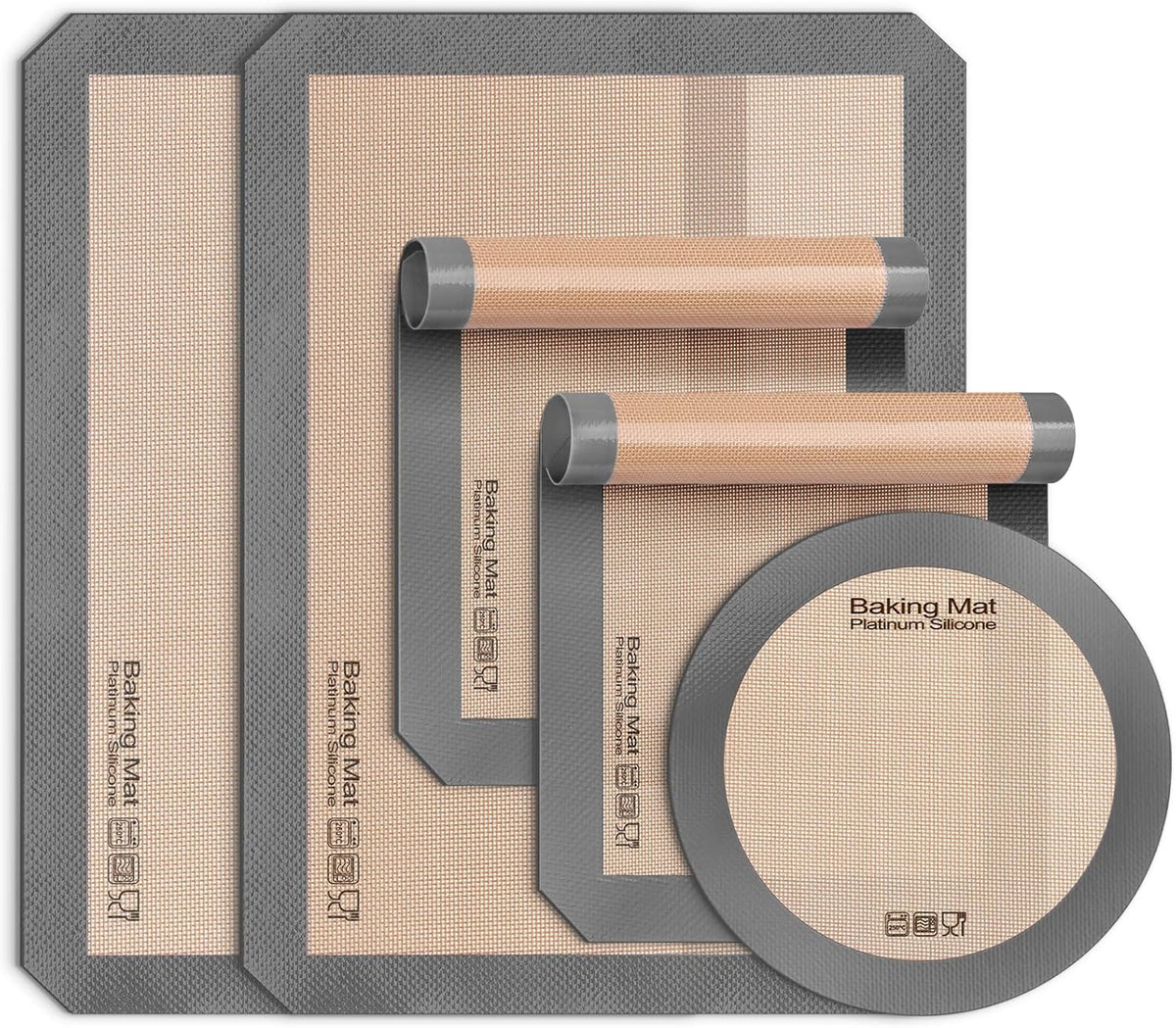 Silicone Baking Mat - Best Platinum Silicone - Sopito Non-Stick Reusable, Food Safe Baking Mat, 5Pcs Set of 2 Half Sheet Size & 2 Quarter Baking Sheets and 1 9'' Pizza Mat, Grey