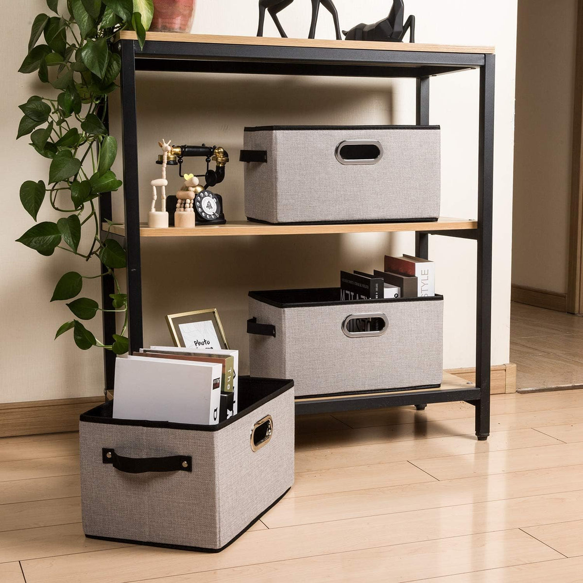 PRANDOM Large Fodable Storage Bins for Closet [3-Pack] Decorative Linen Fabric Storage Bins Cubes with Leather/Metal Handles for Shelves Bedroom Living Room Light Grey (14.9x9.8x8.3 Inch)